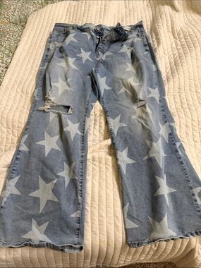 Light Blue Star Print Wide-Leg Jeans